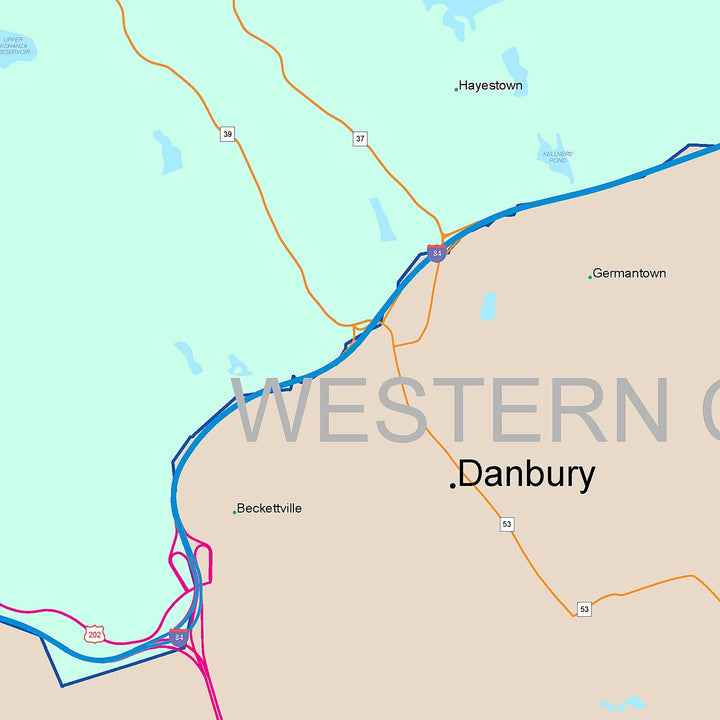 Color Cast Zip Code Style Wall Map of Danbury, CT