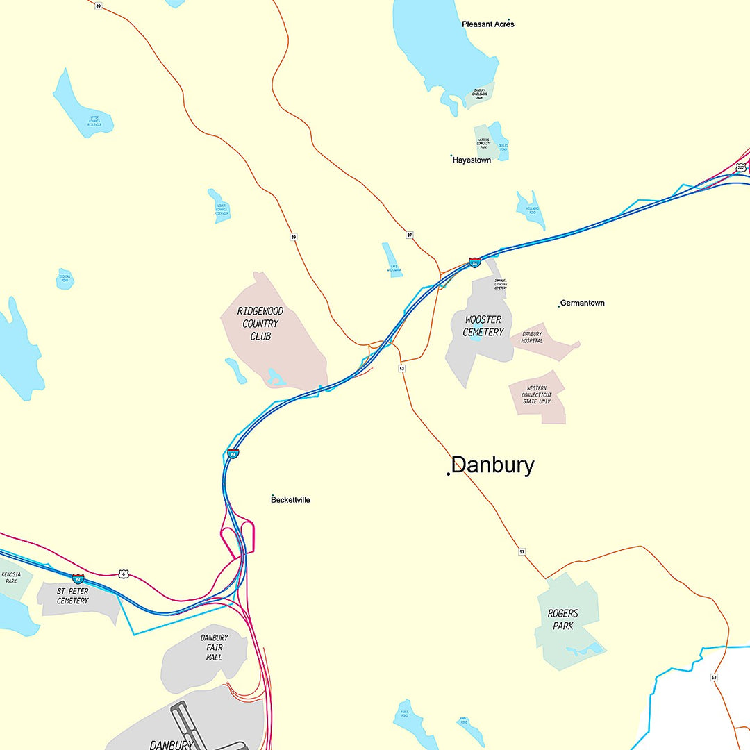 Premium Style Wall Map of Danbury, CT