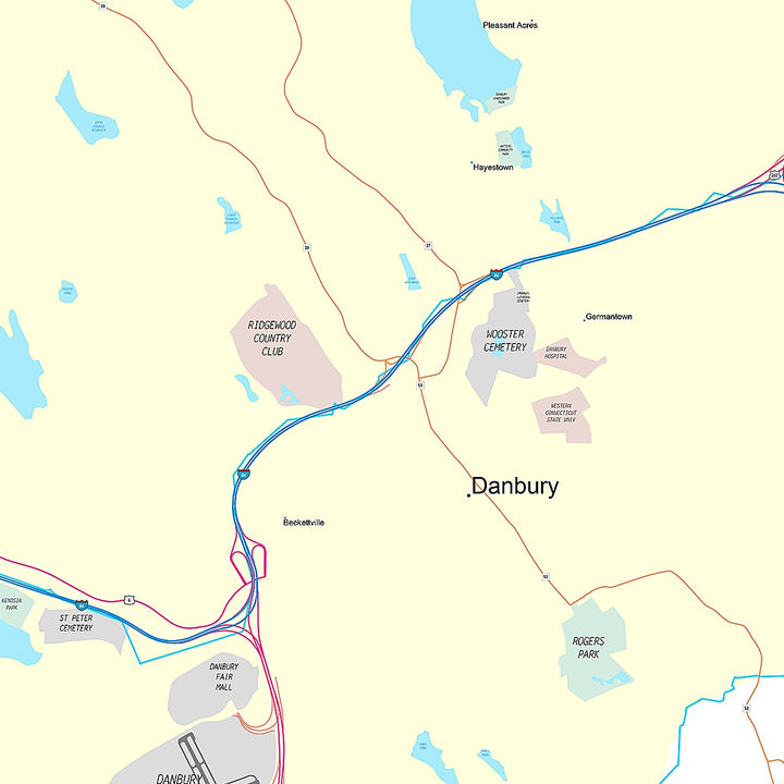 Premium Style Wall Map of Danbury, CT