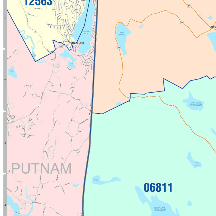 Color Cast Zip Code Style Wall Map of Danbury, CT