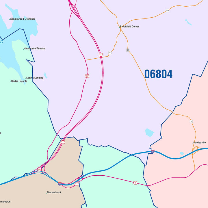 Color Cast Zip Code Style Wall Map of Danbury, CT