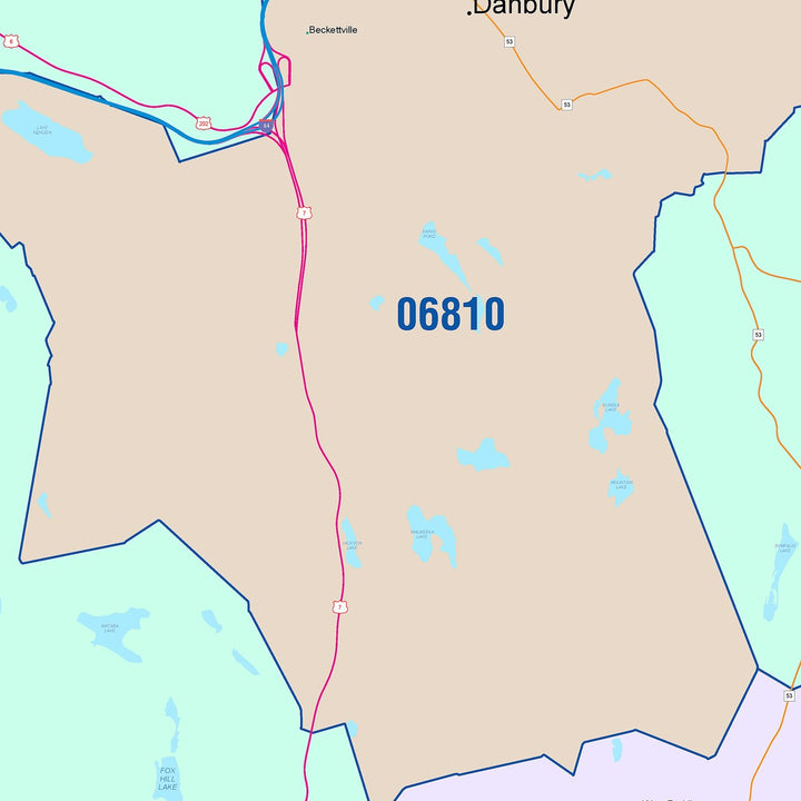 Color Cast Zip Code Style Wall Map of Danbury, CT