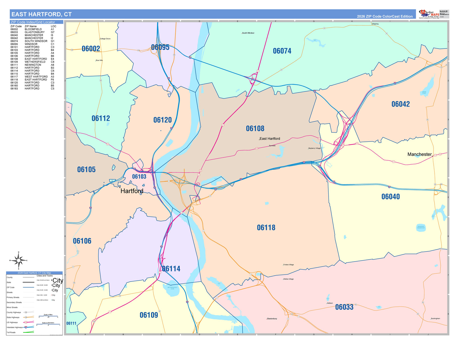 Color Cast Zip Code Style Wall Map of East Hartford, CT