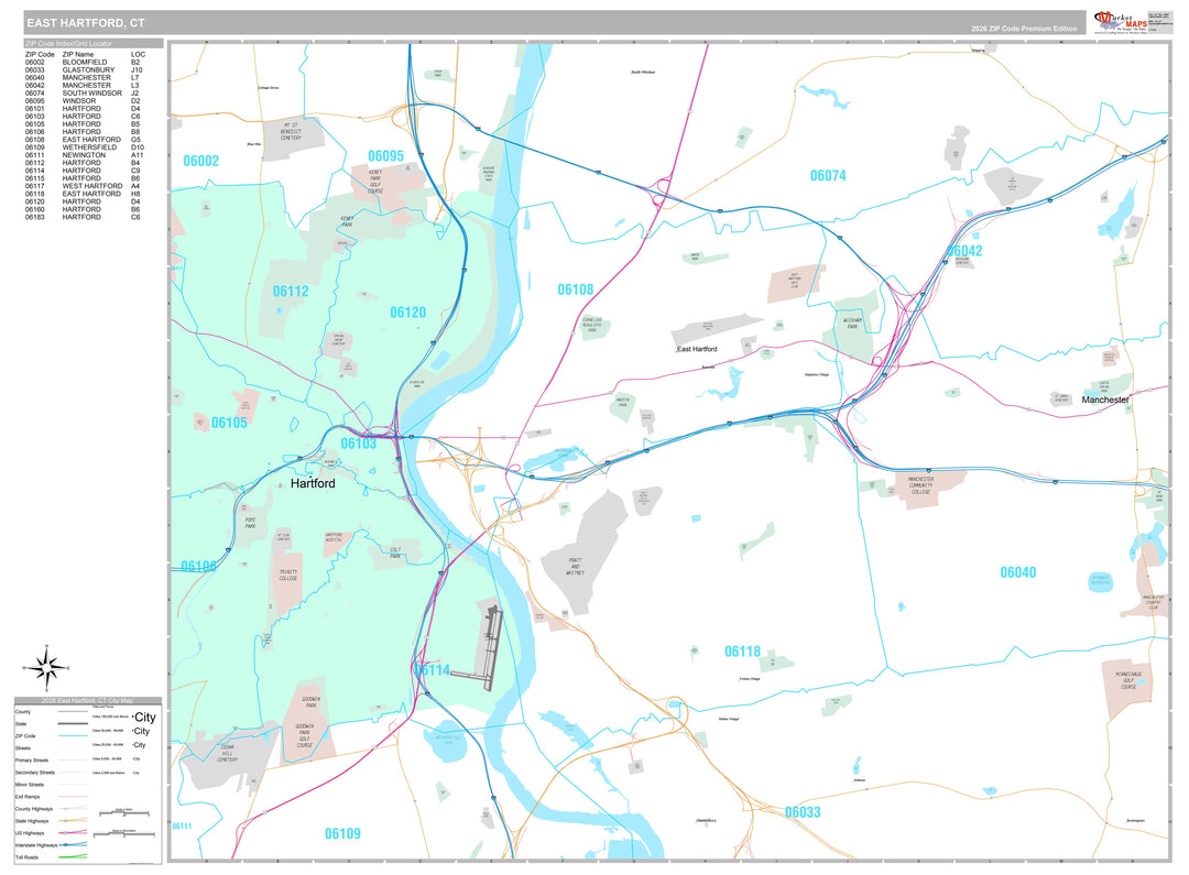 Premium Style Wall Map of East Hartford, CT