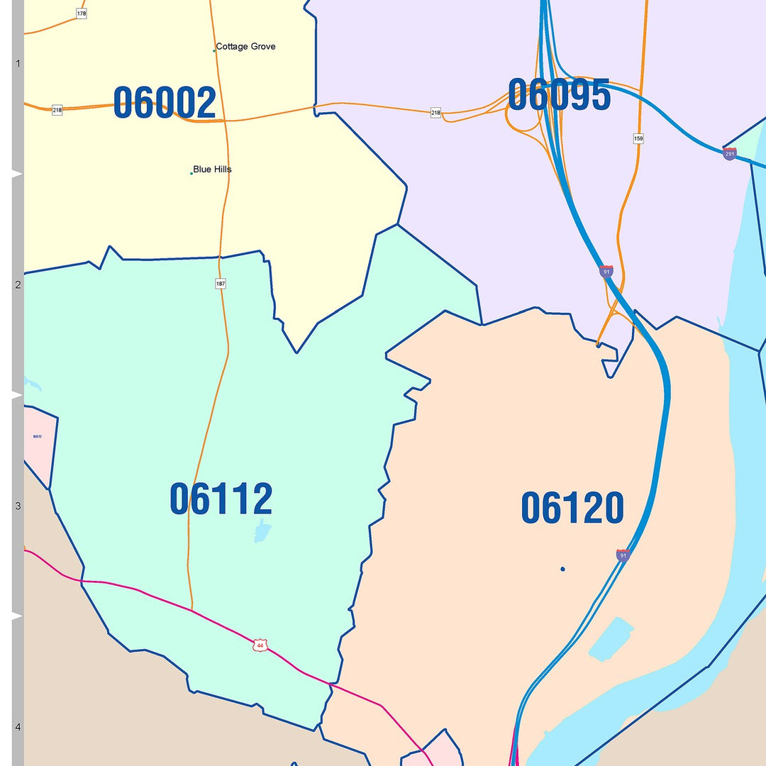 Color Cast Zip Code Style Wall Map of East Hartford, CT