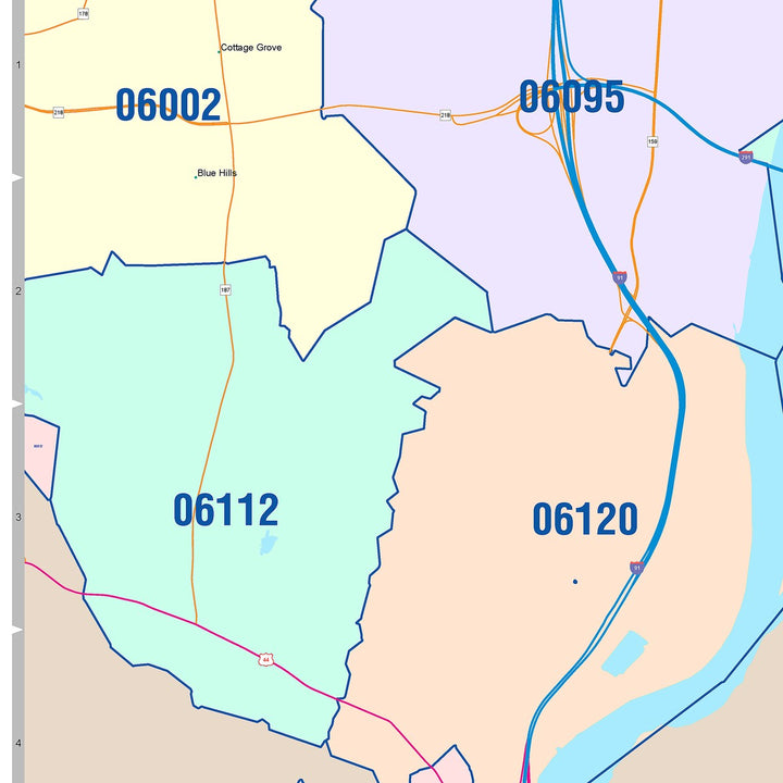 Color Cast Zip Code Style Wall Map of East Hartford, CT