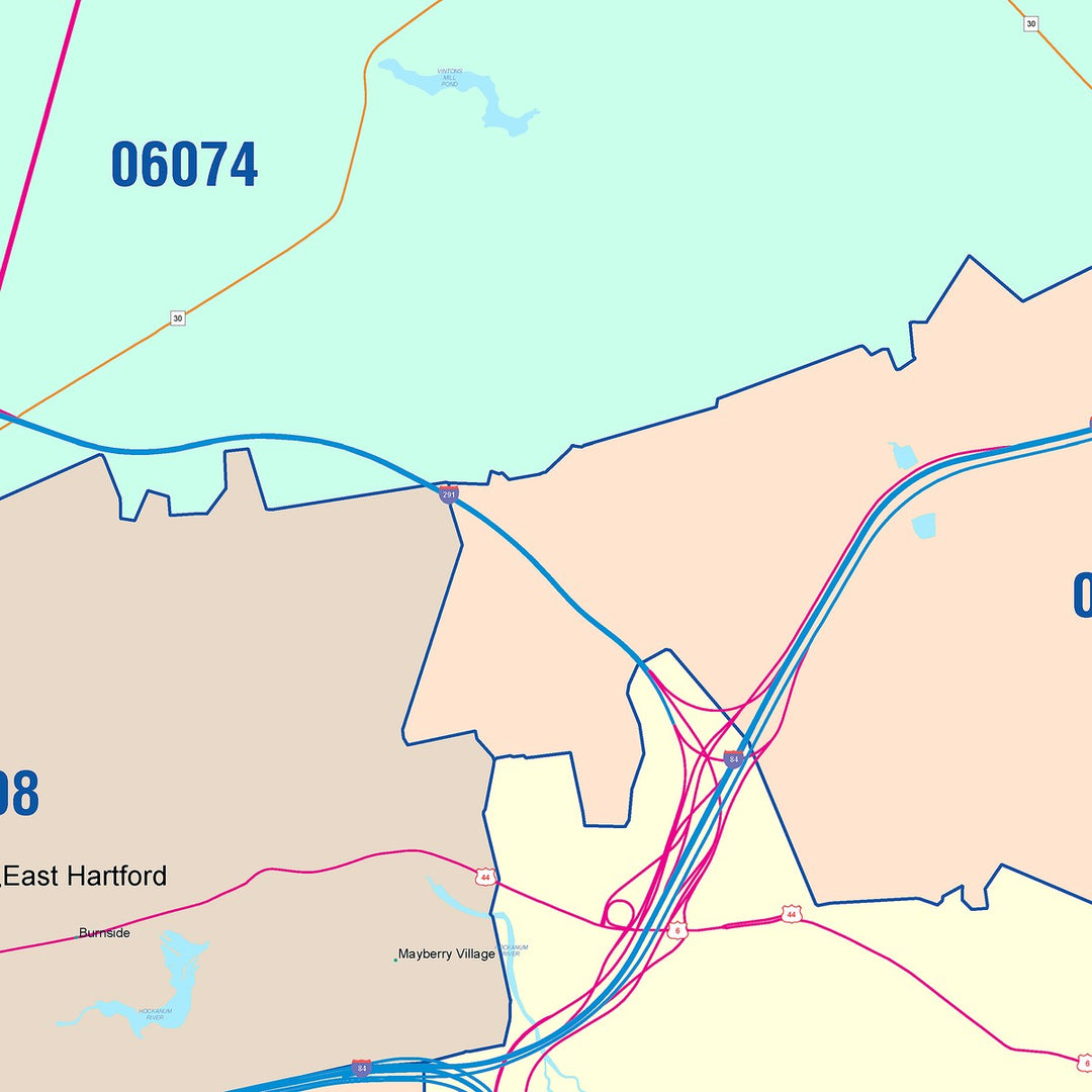 Color Cast Zip Code Style Wall Map of East Hartford, CT