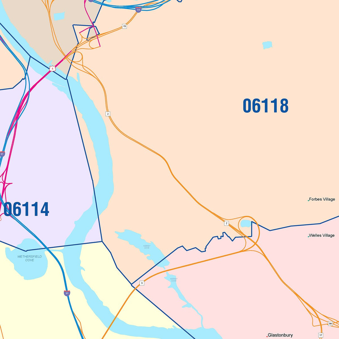 Color Cast Zip Code Style Wall Map of East Hartford, CT