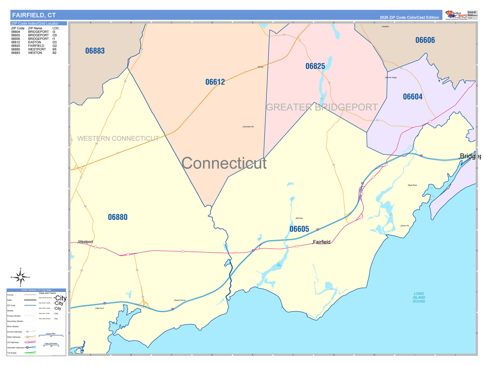 Color Cast Zip Code Style Wall Map of Fairfield, CT