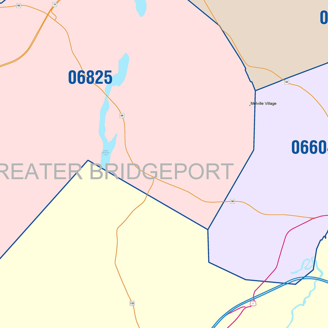 Color Cast Zip Code Style Wall Map of Fairfield, CT