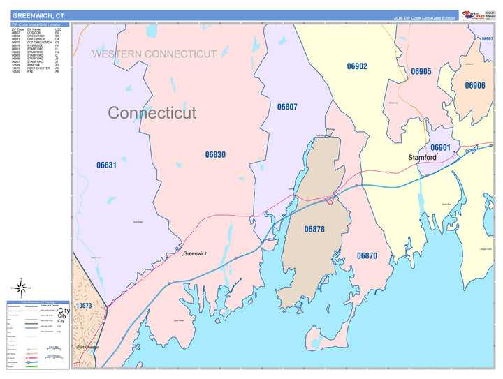 Color Cast Zip Code Style Wall Map of Greenwich, CT