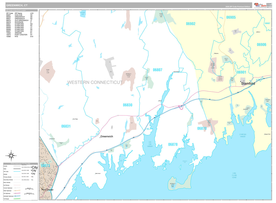 Premium Style Wall Map of Greenwich, CT