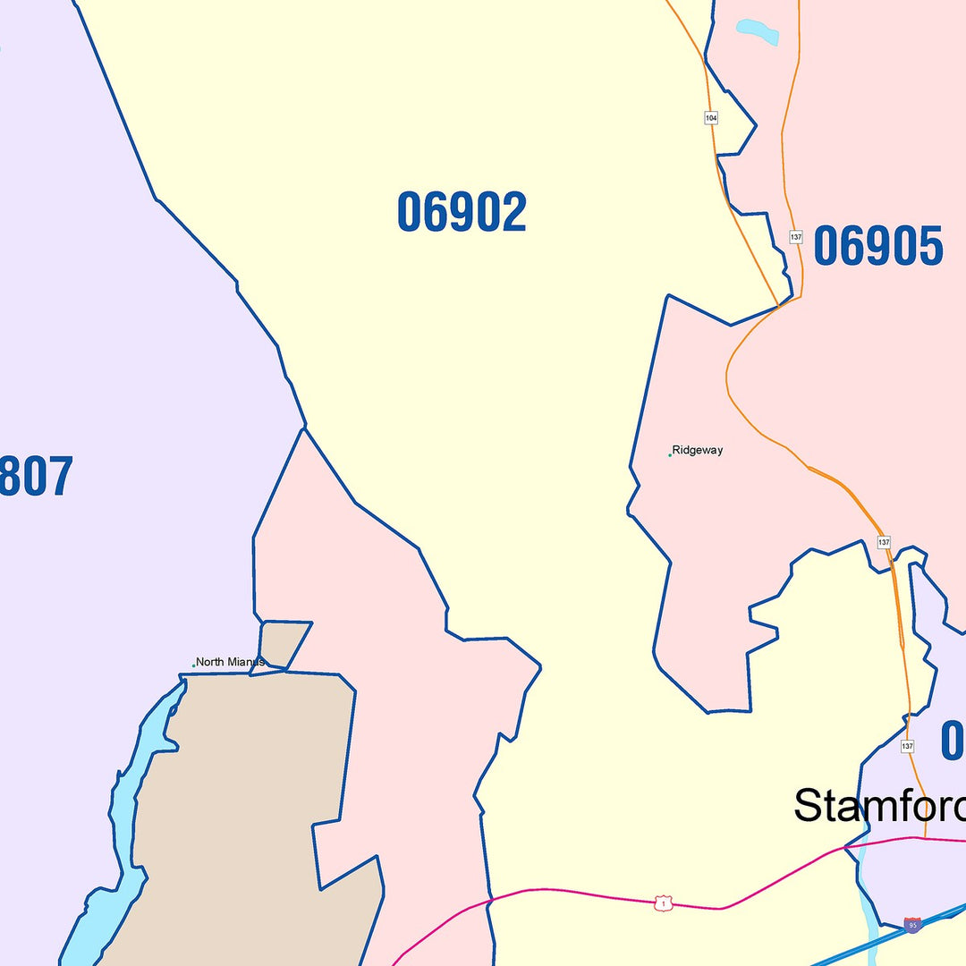 Color Cast Zip Code Style Wall Map of Greenwich, CT