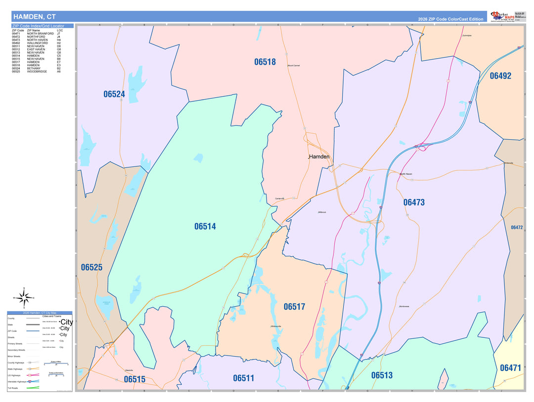 Color Cast Zip Code Style Wall Map of Hamden, CT