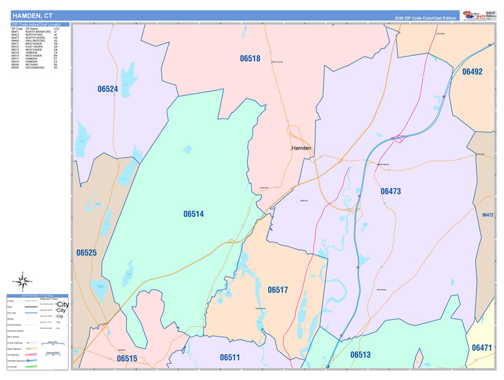 Color Cast Zip Code Style Wall Map of Hamden, CT