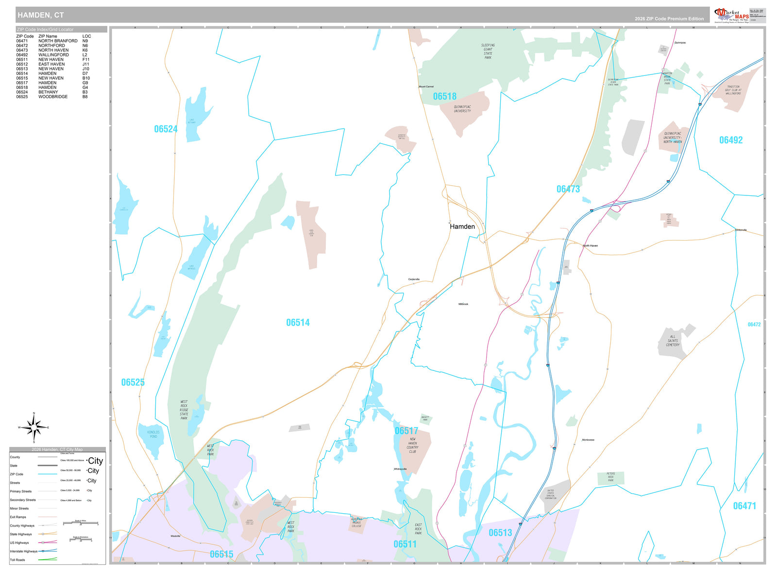 Premium Style Wall Map of Hamden, CT