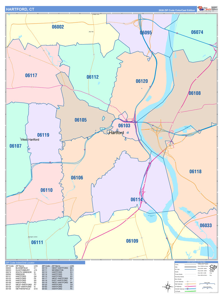 Color Cast Zip Code Style Wall Map of Hartford, CT