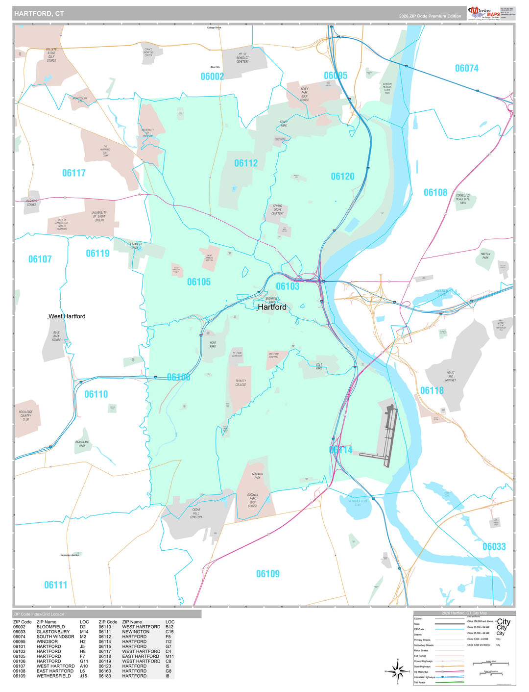 Premium Style Wall Map of Hartford, CT