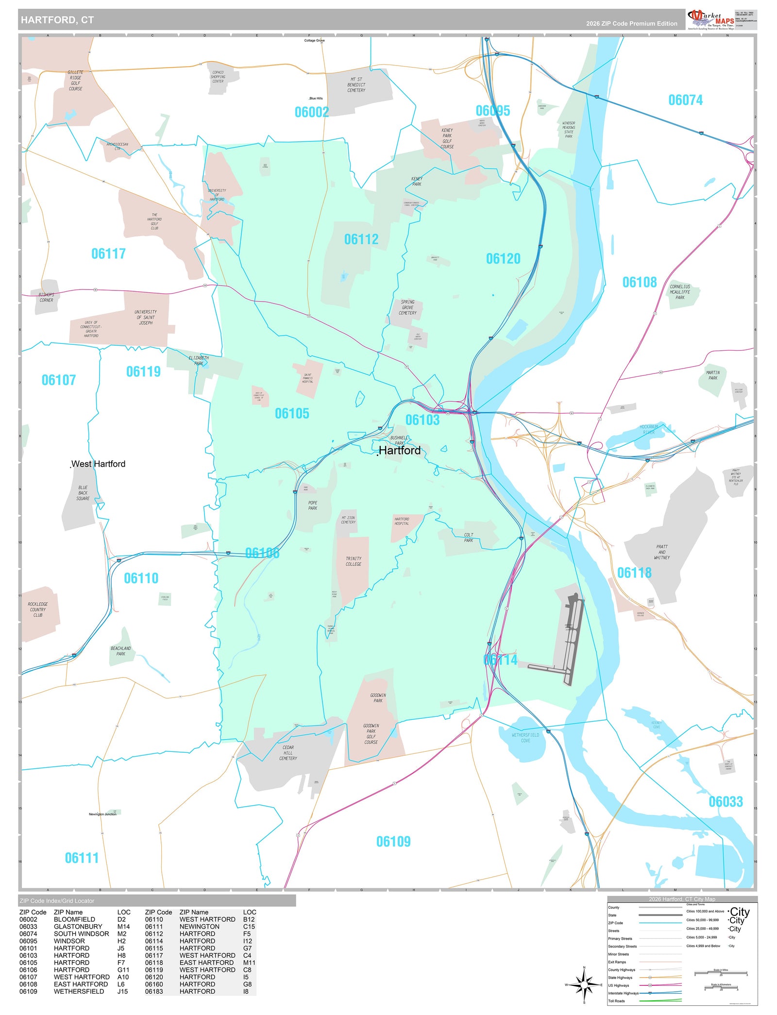 Premium Style Wall Map of Hartford, CT