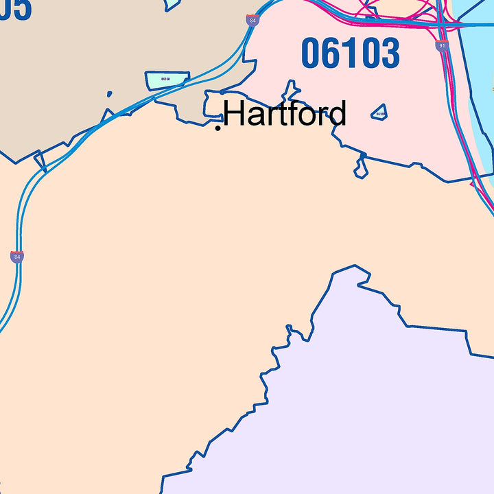 Color Cast Zip Code Style Wall Map of Hartford, CT