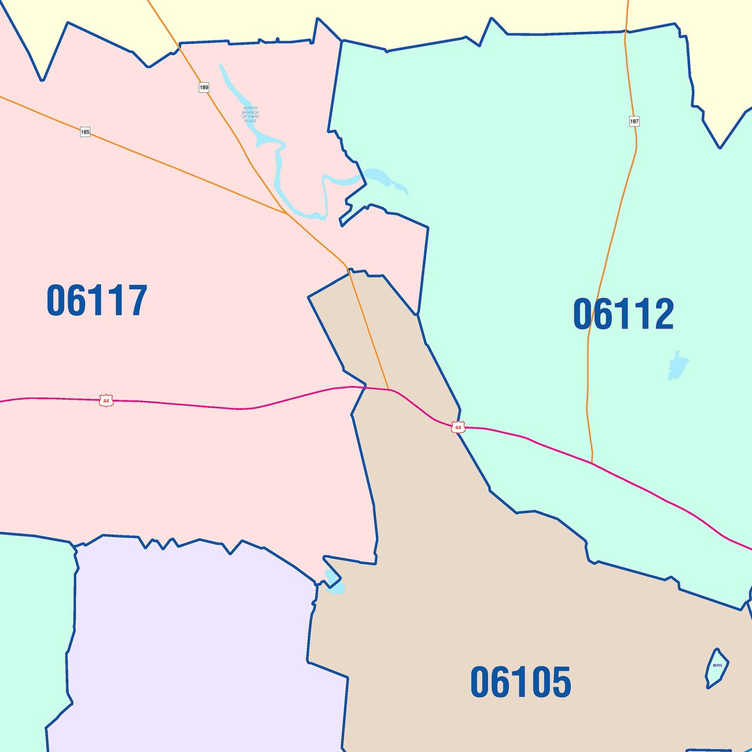 Color Cast Zip Code Style Wall Map of Hartford, CT