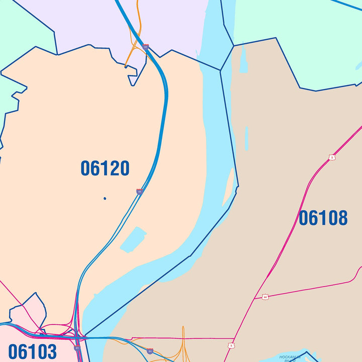 Color Cast Zip Code Style Wall Map of Hartford, CT