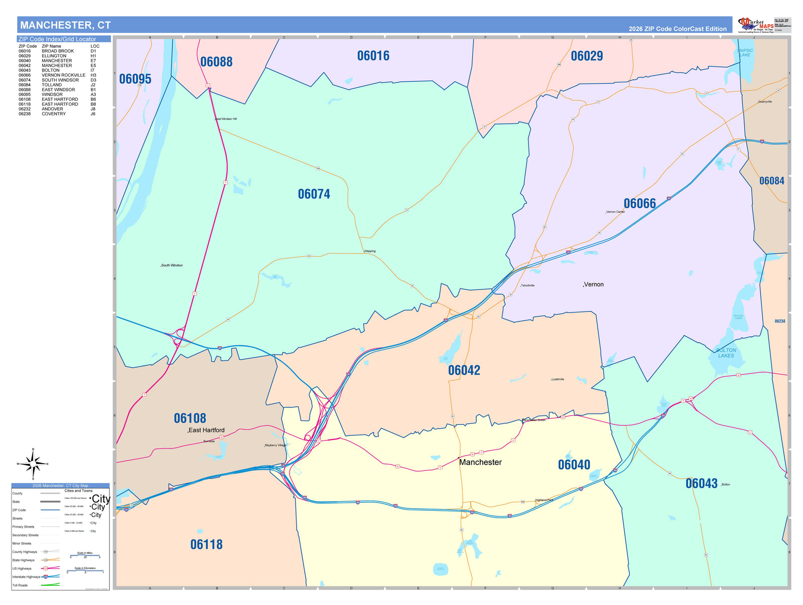 Color Cast Zip Code Style Wall Map of Manchester, CT