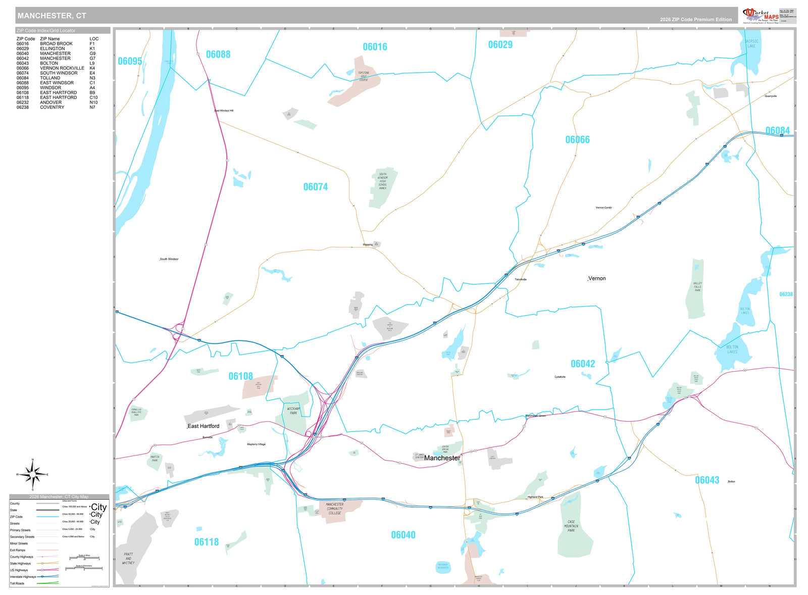 Premium Style Wall Map of Manchester, CT