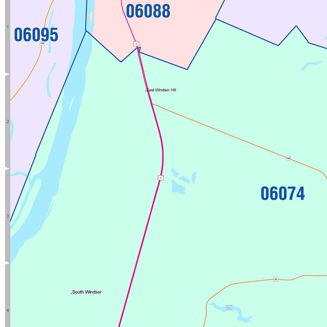 Color Cast Zip Code Style Wall Map of Manchester, CT
