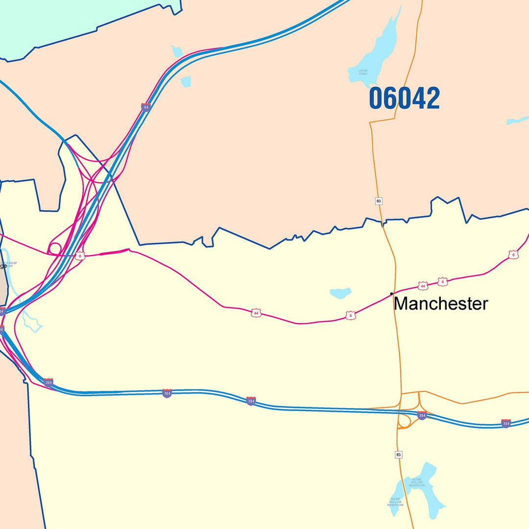 Color Cast Zip Code Style Wall Map of Manchester, CT