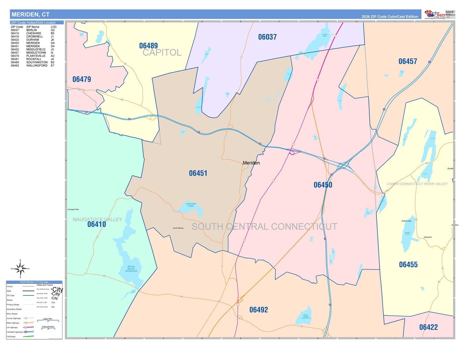 Color Cast Zip Code Style Wall Map of Meriden, CT