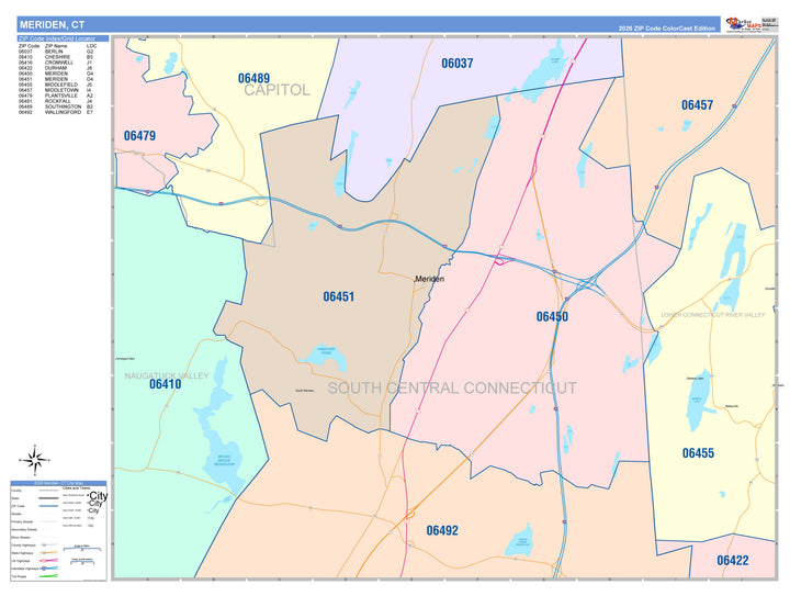 Color Cast Zip Code Style Wall Map of Meriden, CT