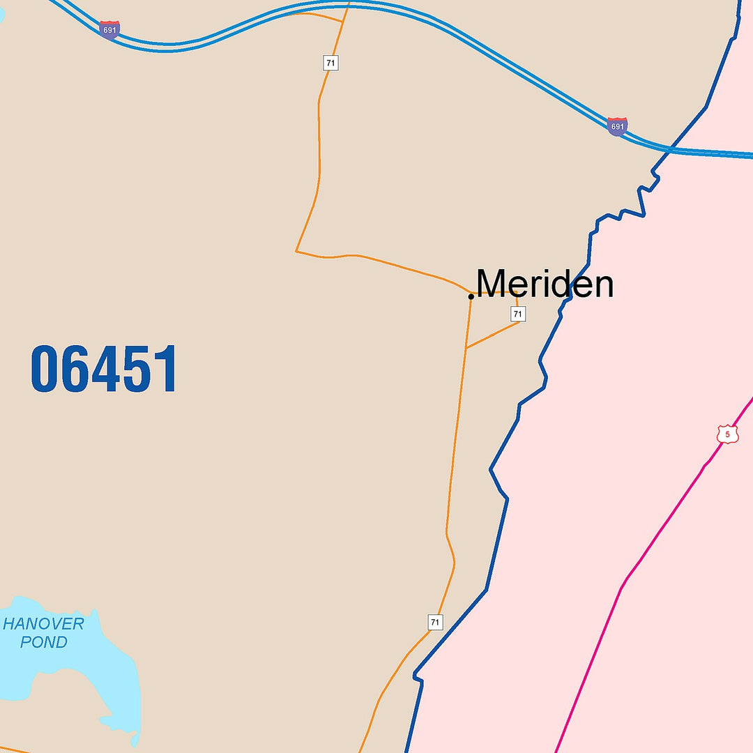 Color Cast Zip Code Style Wall Map of Meriden, CT