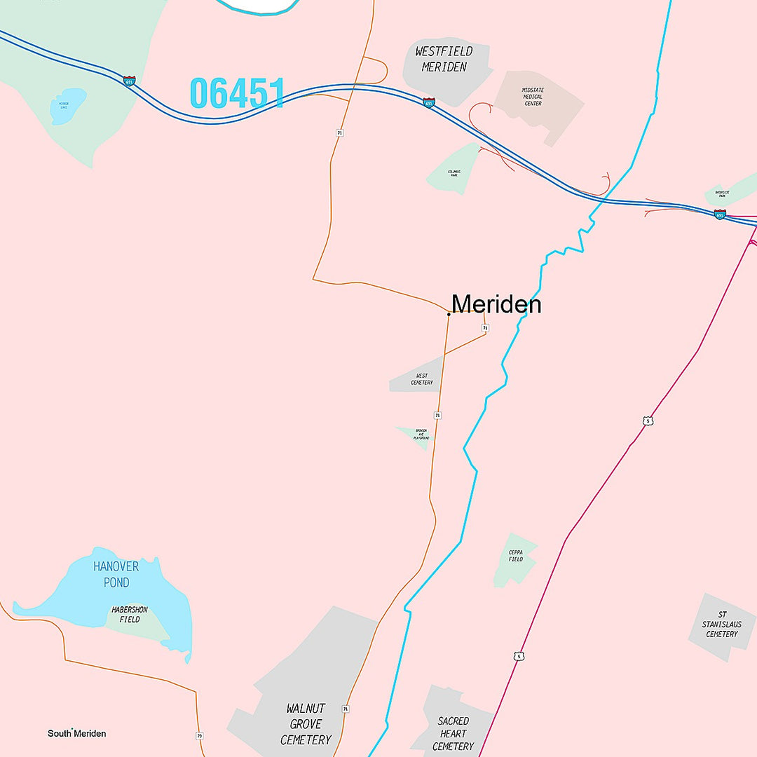 Premium Style Wall Map of Meriden, CT