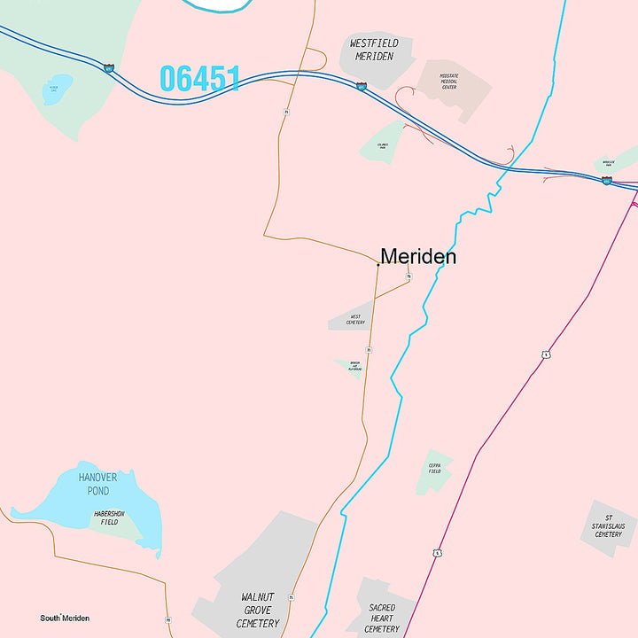 Premium Style Wall Map of Meriden, CT