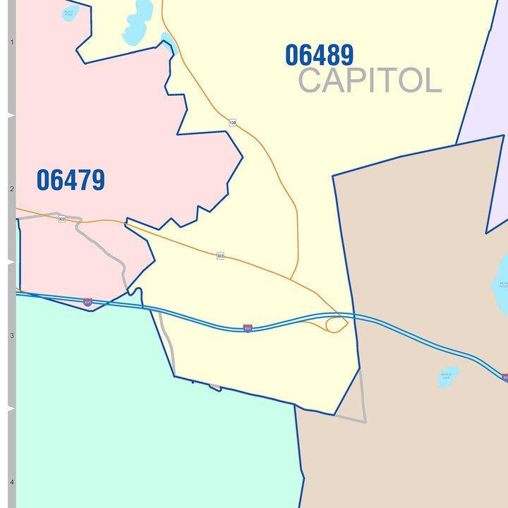 Color Cast Zip Code Style Wall Map of Meriden, CT