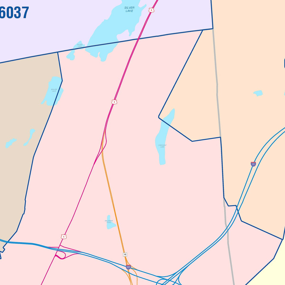 Color Cast Zip Code Style Wall Map of Meriden, CT