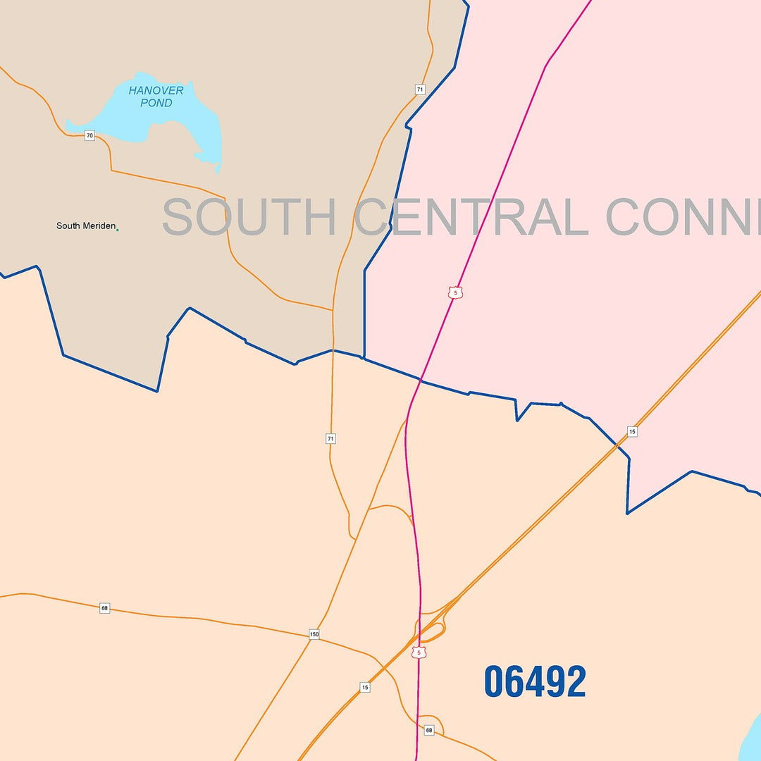 Color Cast Zip Code Style Wall Map of Meriden, CT