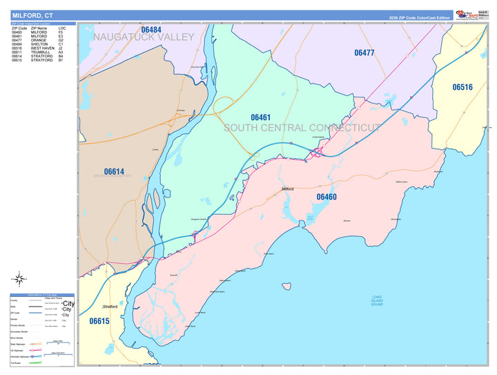 Color Cast Zip Code Style Wall Map of Milford, CT