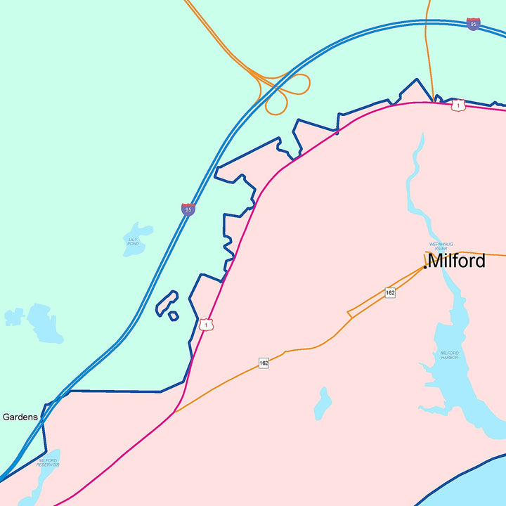 Color Cast Zip Code Style Wall Map of Milford, CT