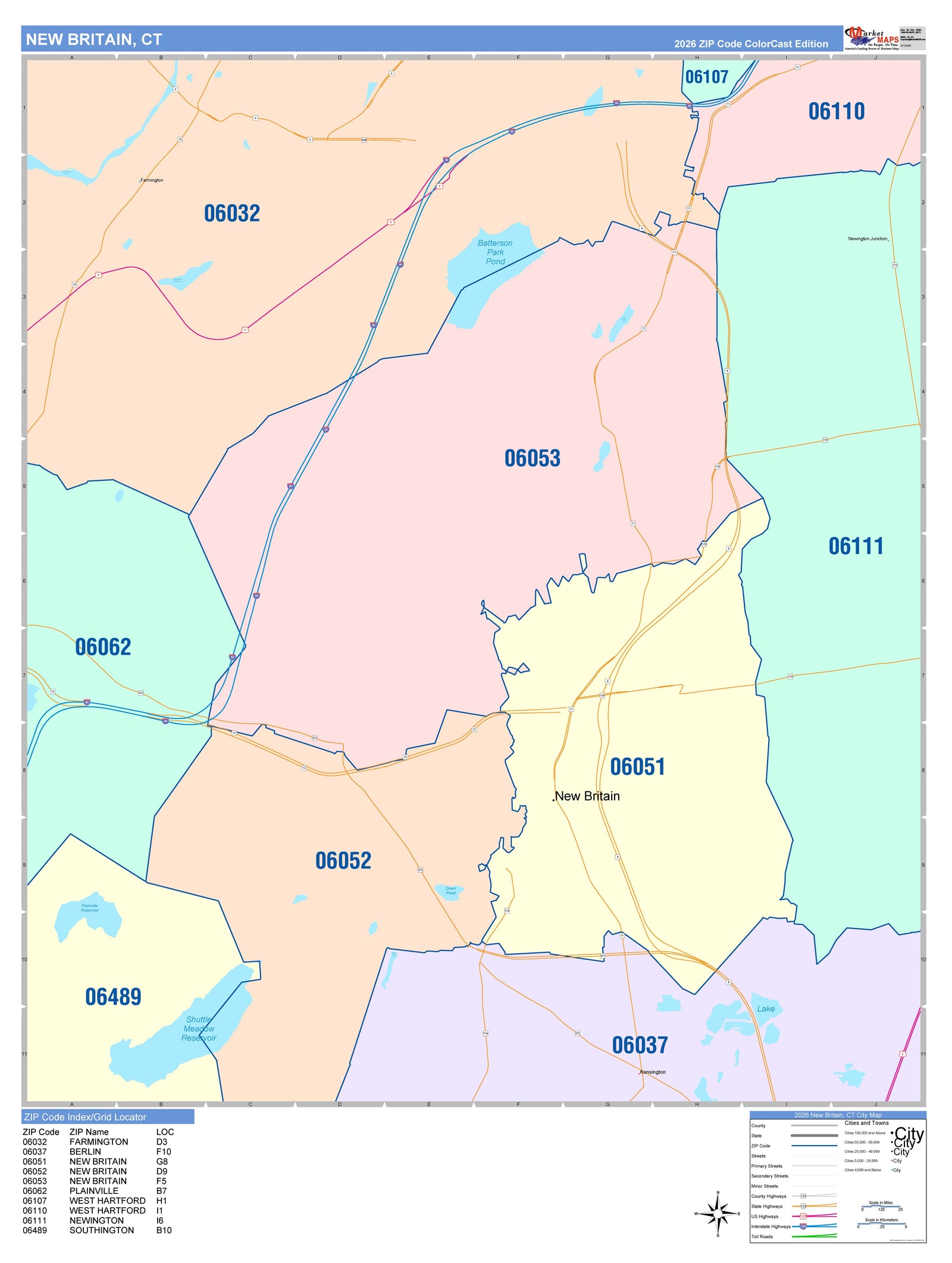 Color Cast Zip Code Style Wall Map of New Britain, CT