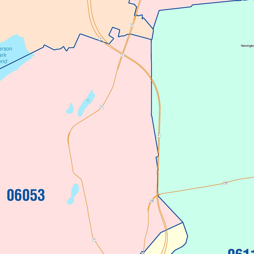 Color Cast Zip Code Style Wall Map of New Britain, CT