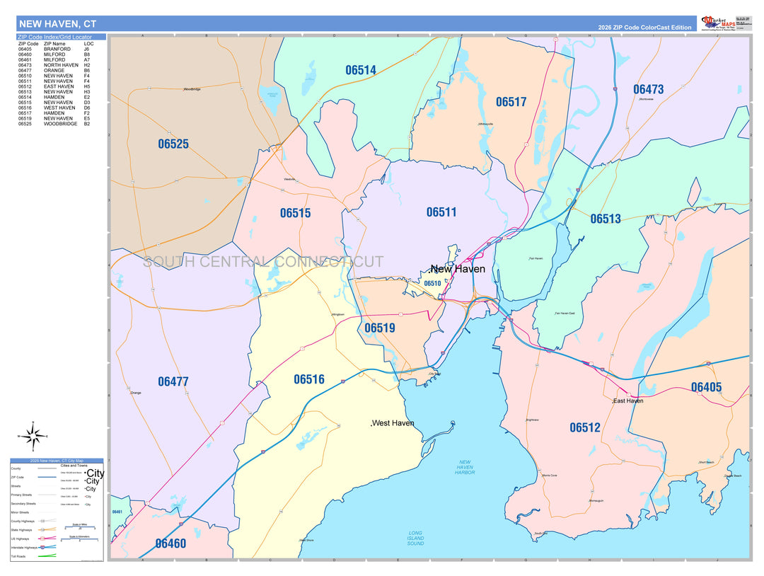 Color Cast Zip Code Style Wall Map of New Haven, CT