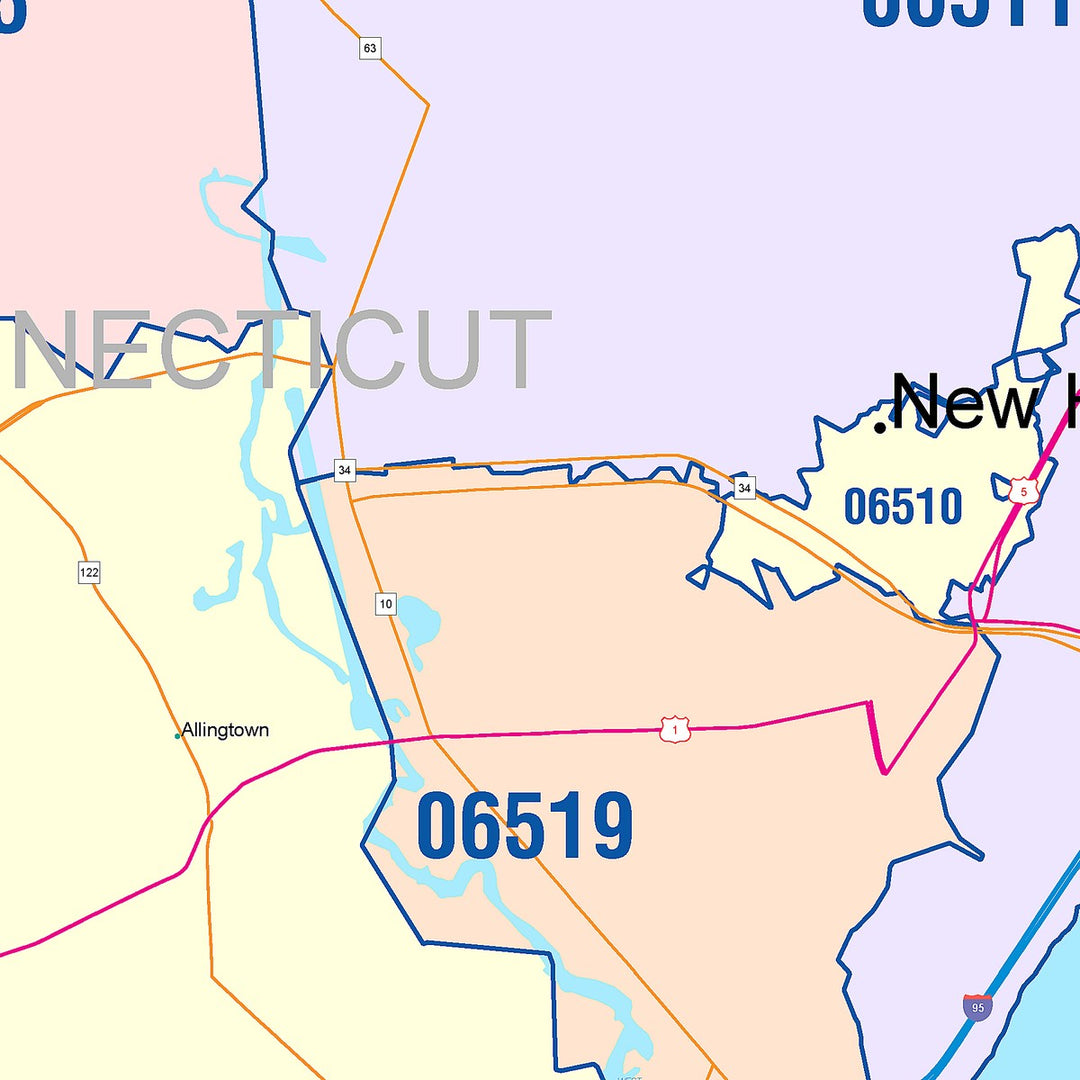 Color Cast Zip Code Style Wall Map of New Haven, CT