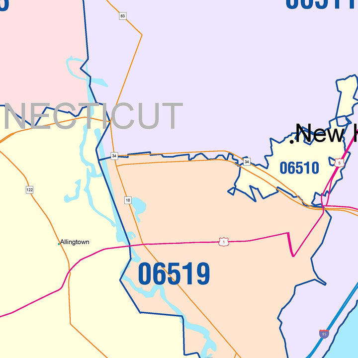 Color Cast Zip Code Style Wall Map of New Haven, CT