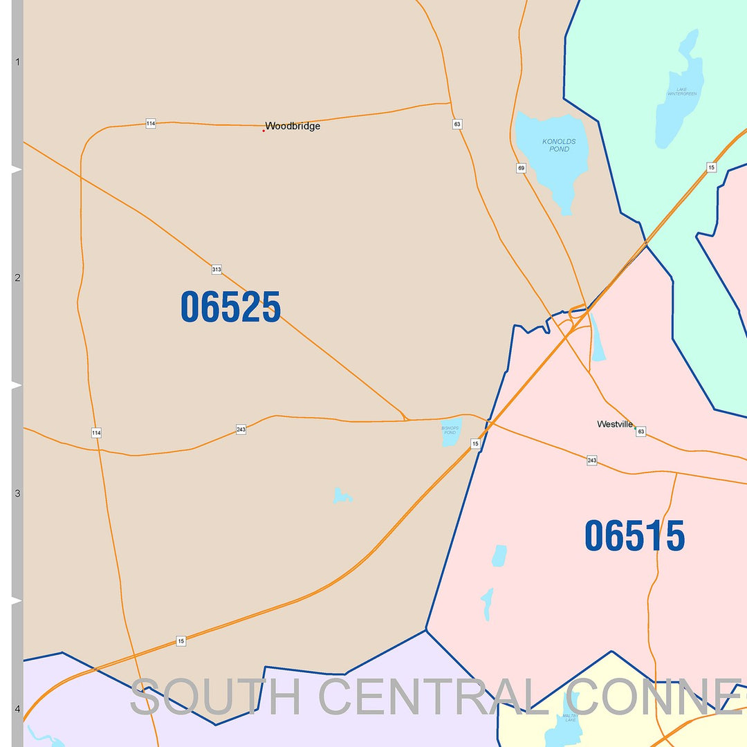 Color Cast Zip Code Style Wall Map of New Haven, CT