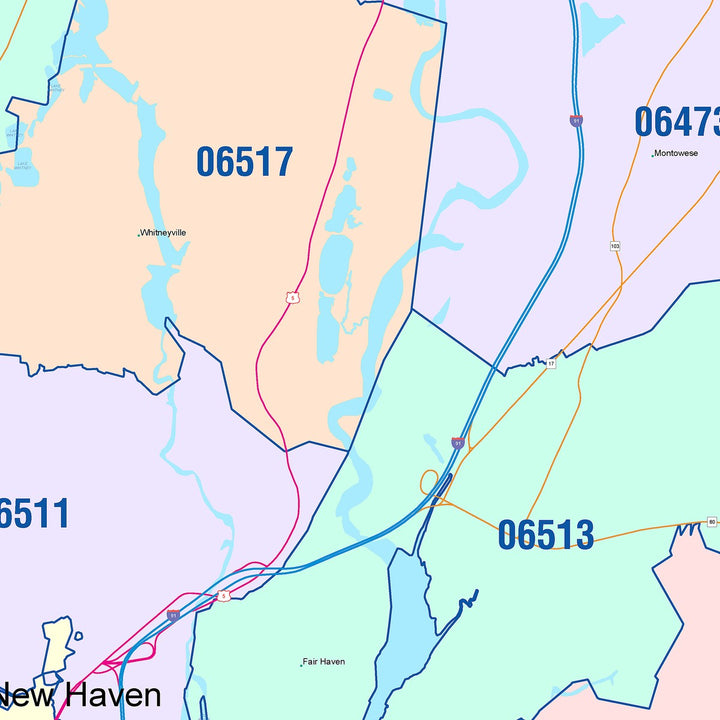 Color Cast Zip Code Style Wall Map of New Haven, CT