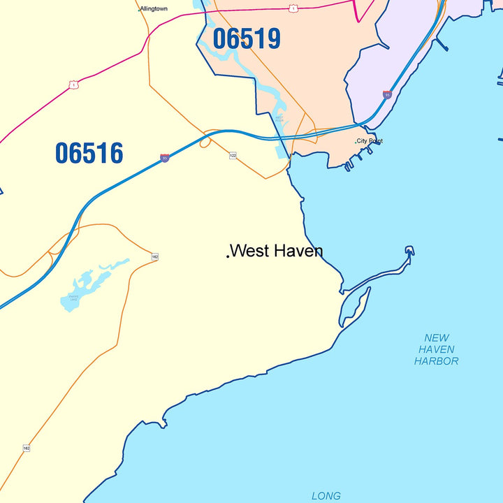 Color Cast Zip Code Style Wall Map of New Haven, CT