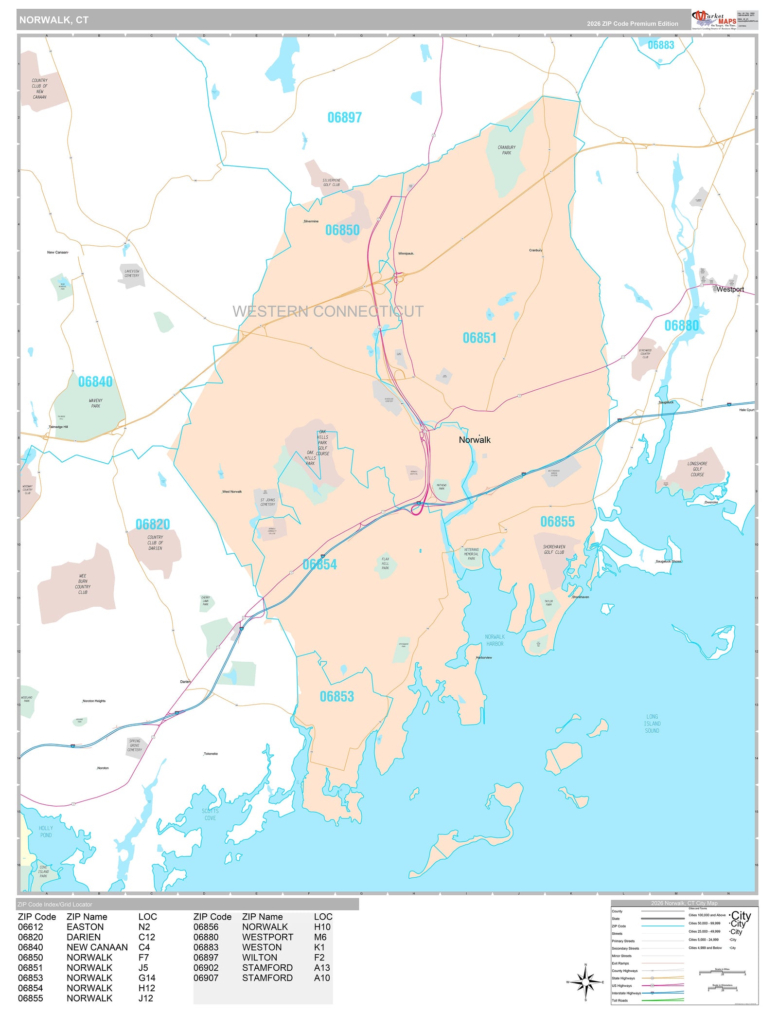 Premium Style Wall Map of Norwalk, CT
