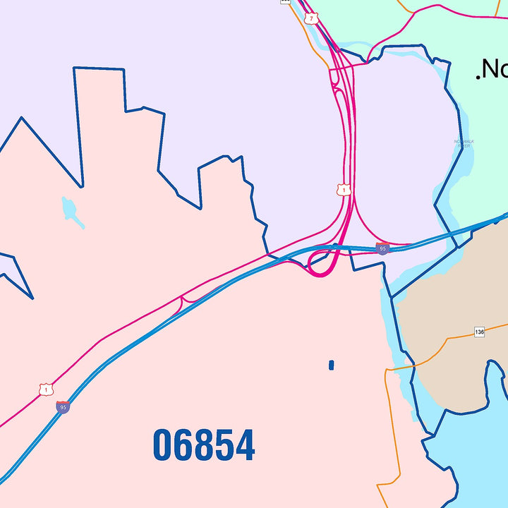 Color Cast Zip Code Style Wall Map of Norwalk, CT